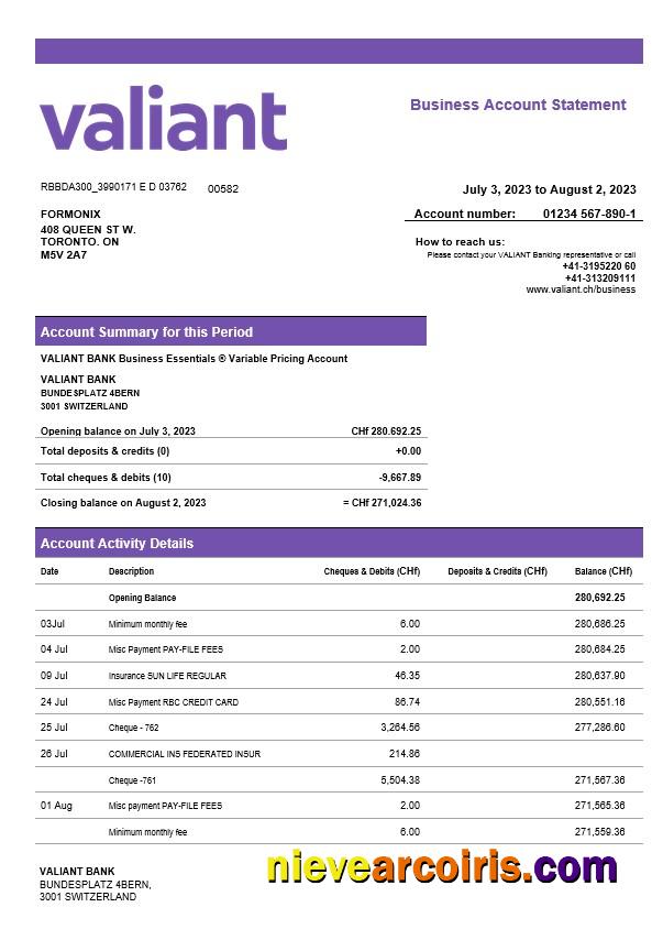 Valiant Bank enterprise account statement